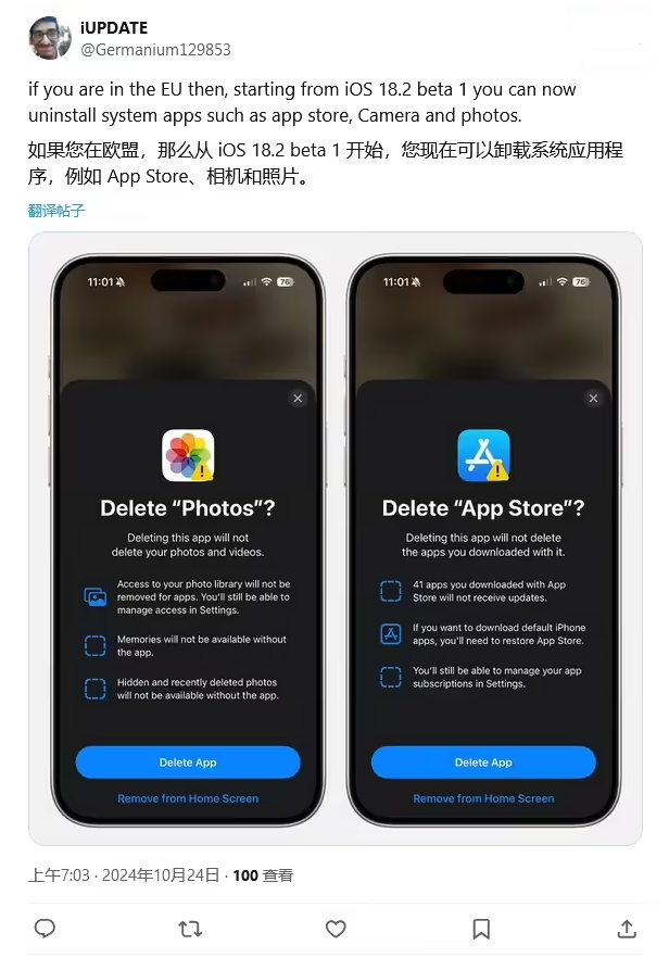 茶山镇苹果手机维修分享iOS 18.2 支持删除 App Store 应用商店 